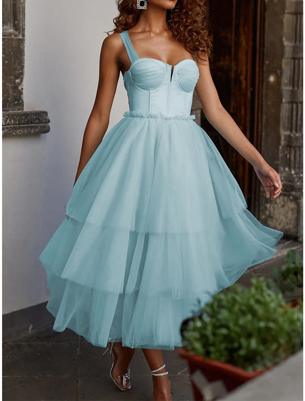 Luolandi Women's Party Dress Cocktail Dress Wedding Guest Dress Midi Dress Pink Light Blue Sleeveless Pure Color Mesh Spring Fall Winter Spaghetti Strap Fashion Wedding Guest Birthday