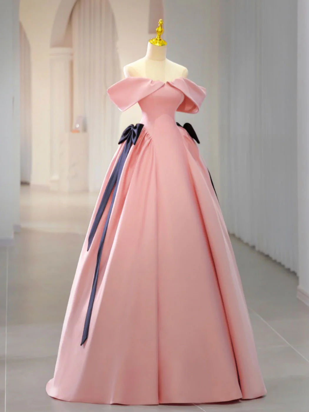 Luolandi Pink Satin Long Prom Dress Formal Evening Dresses A Line Off Shoulder With Bow(s) december wedding guest dress