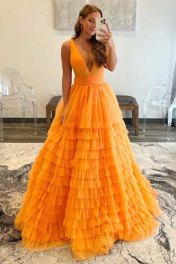 Luolandi A-line Orange V-Neck Tulle Long Prom Dress Solid Color Floor Length