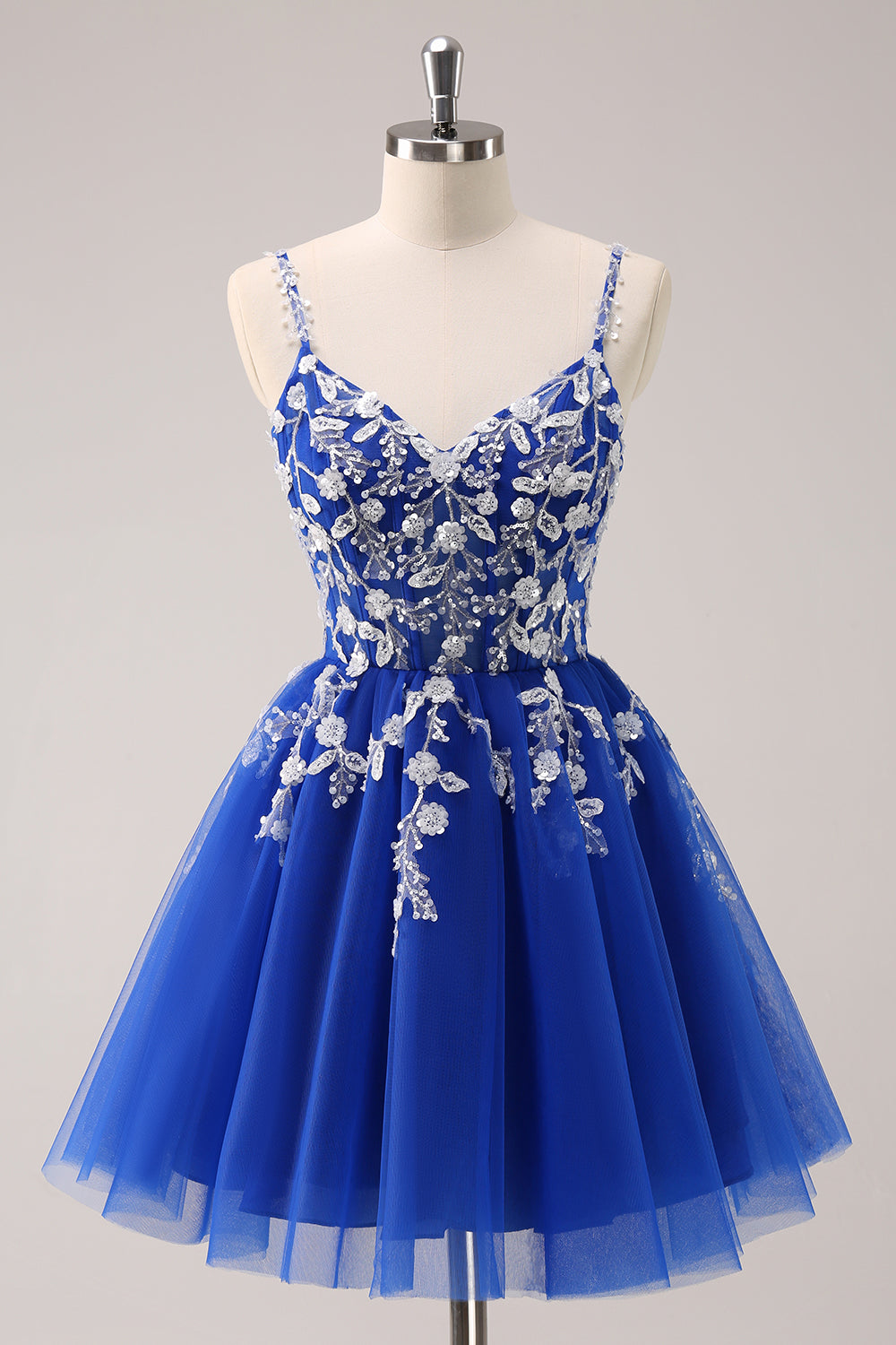 Luolandi Royal Blue A Line Spaghetti Straps Tulle Corset Sequins Homecoming Dress with Appliques Short