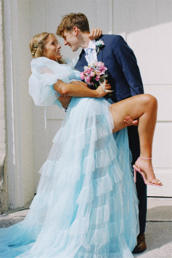 Luolandi A Line Tow-Piece Tulle Prom Dress with Slit Solid Color Evening Dress Party Dress