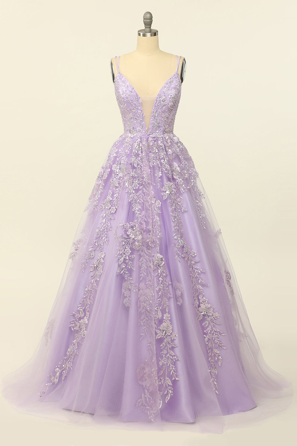Luolandi Purple Spaghetti Straps Prom Dress With Appliques V-neck Floor Length Beautiful