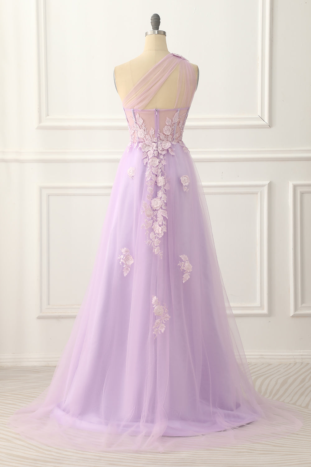 Luolandi Sky Blue Tulle A-Line One Shoulder Prom Dress With Appliques Floor Length Beautiful