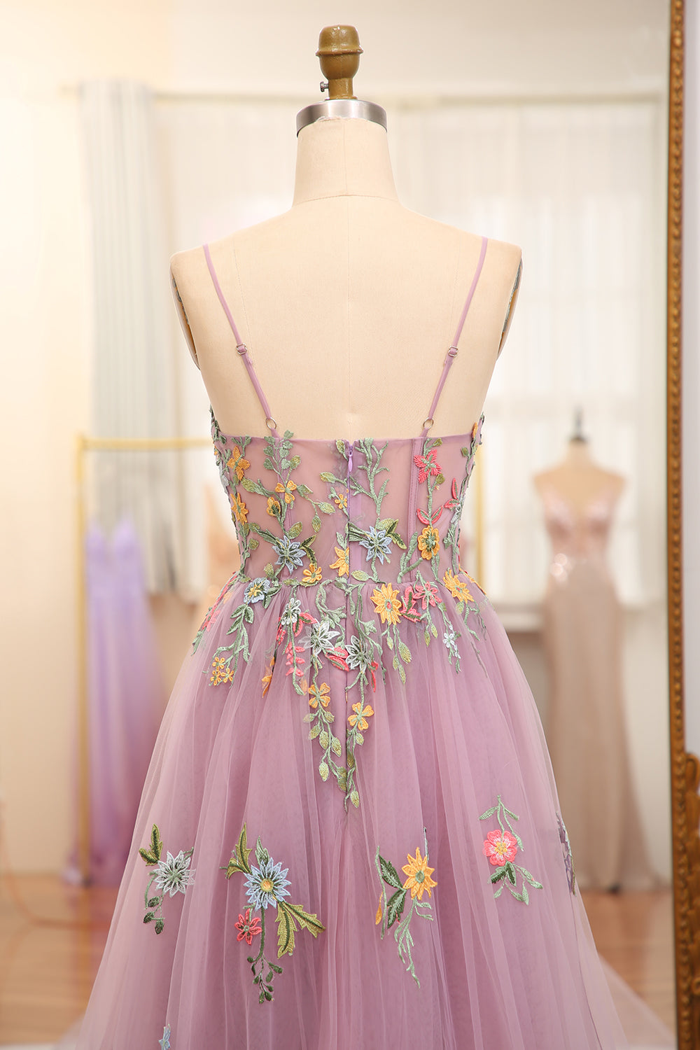 Luolandi Mauve A Line Tulle Beaded Appliques Long Prom Dress With Embroidery Beautiful