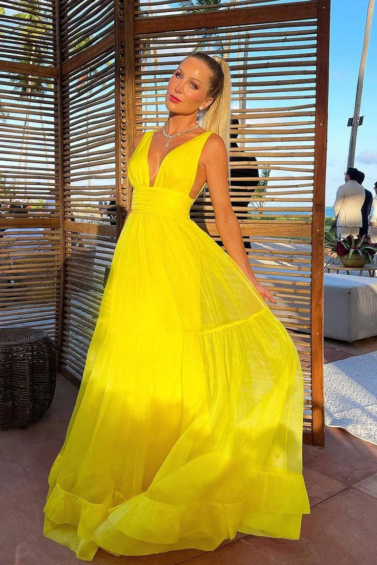 Luolandi Yellow V Neck A-Line Long Formal Party Dress Chiffon Guest Dress Sexy Evening Dress