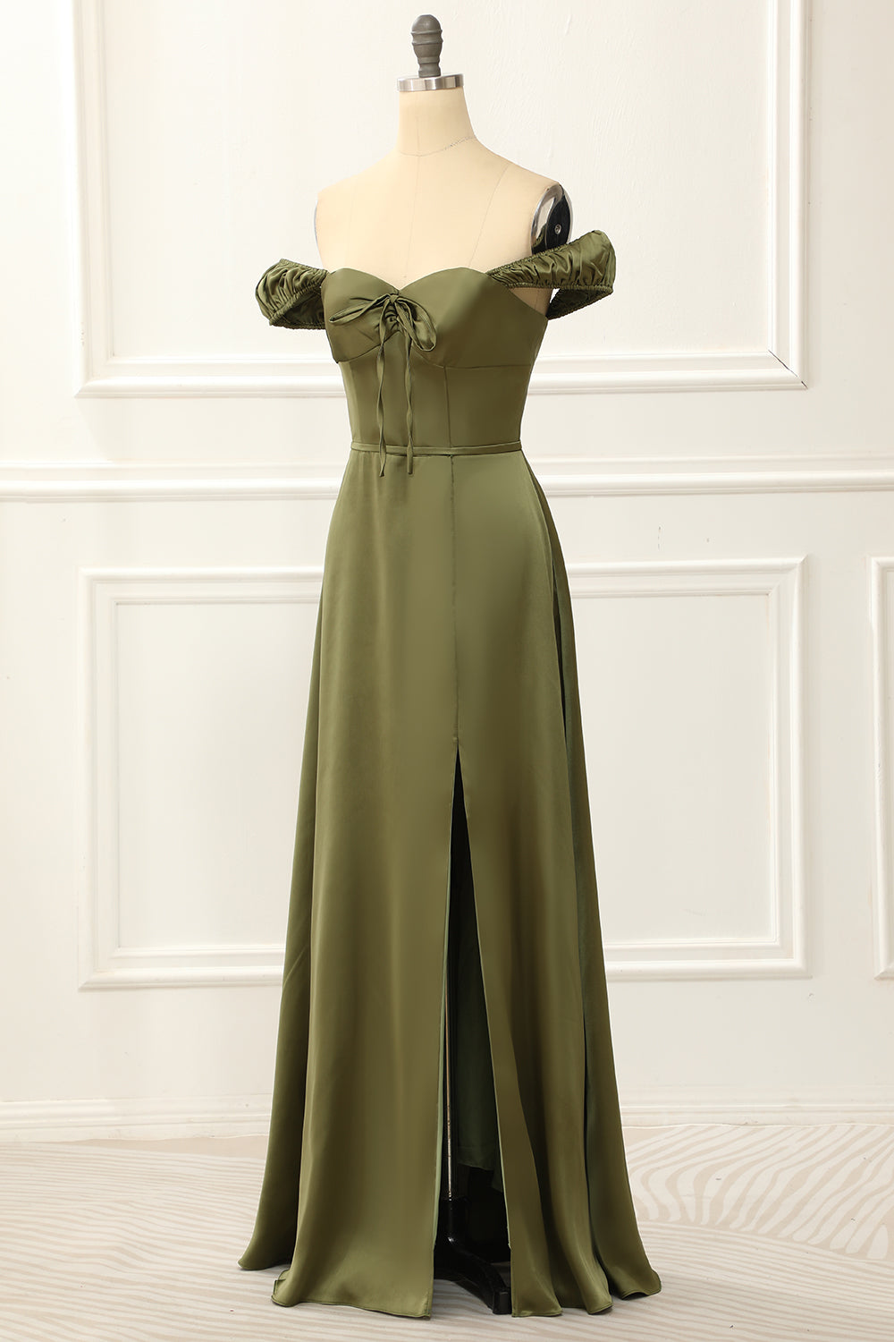 Luolandi Green Off Shoulder Satin Simple Prom Dress Bridesmaid Dress Party Dress With Slit