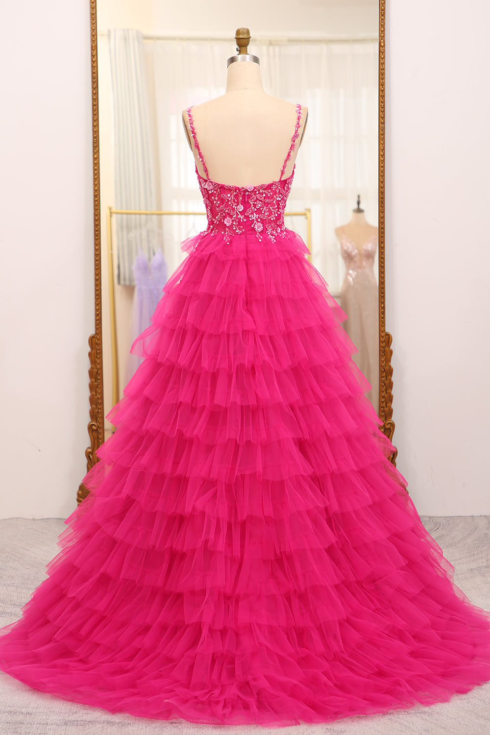 Luolandi Fuchsia A Line Sparkly Beaded Appliques Tiered Long Prom Dress With Slit Beautiful