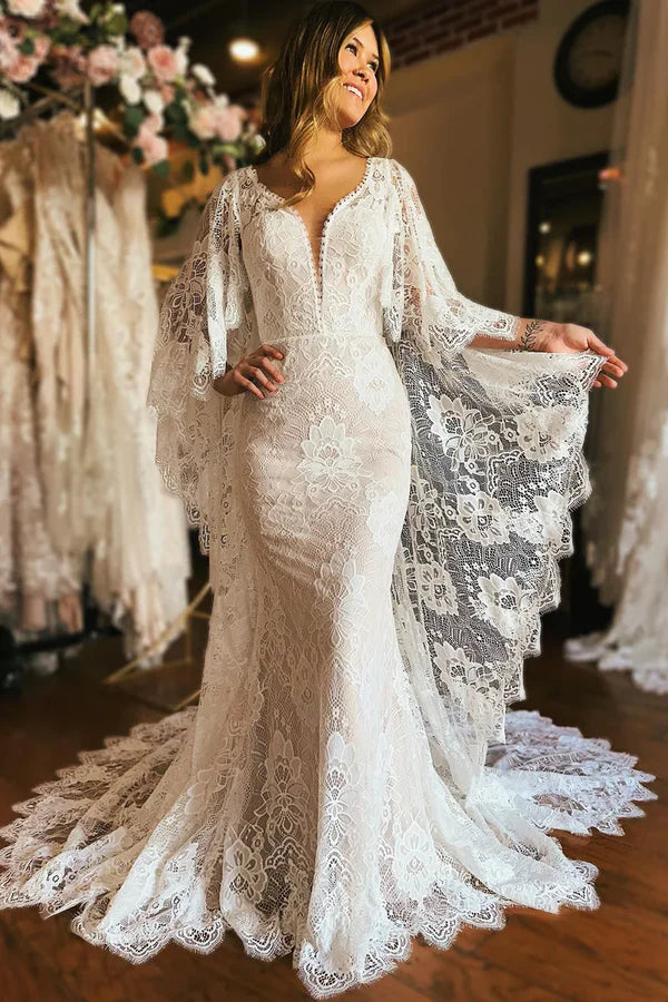 Luolandi Mermaid Long Sleeve Cape Lace Appliques Wedding Dress Open Back Beautiful