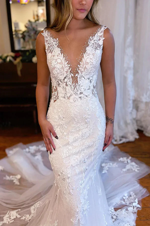 Luolandi Mermaid V-Neck Long Lace Wedding Dress V-neck Open Back Sexy