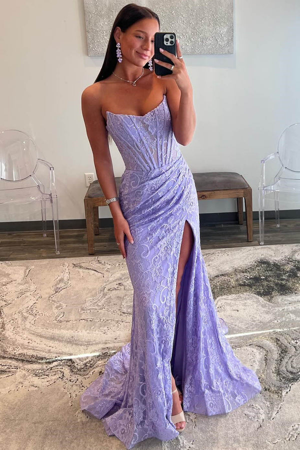 Luolandi Strapless Lace Ruched Mermaid Prom Dress with Slit Sexy Evening Dress