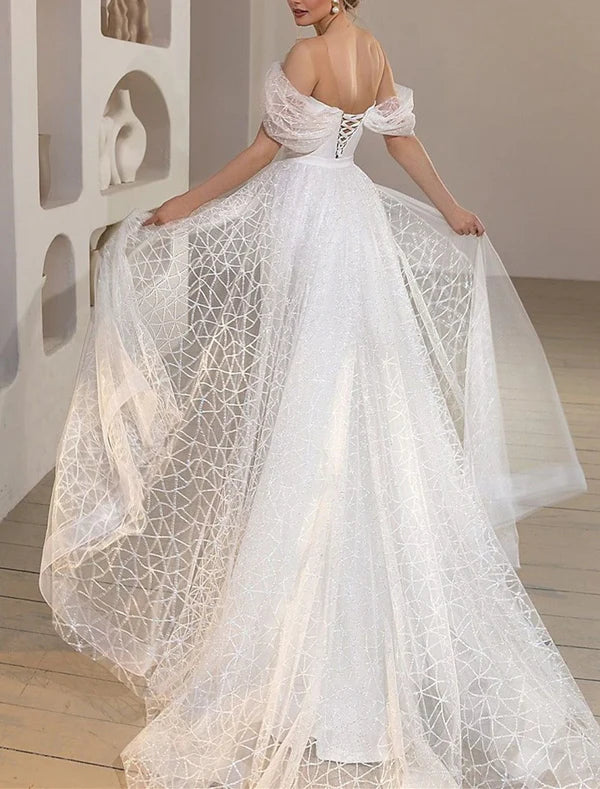 Luolandi Beach Glitter & Sparkle Wedding Dresses Mermaid / Trumpet Off Shoulder Cap Sleeve Court Train Satin Bridal Gowns