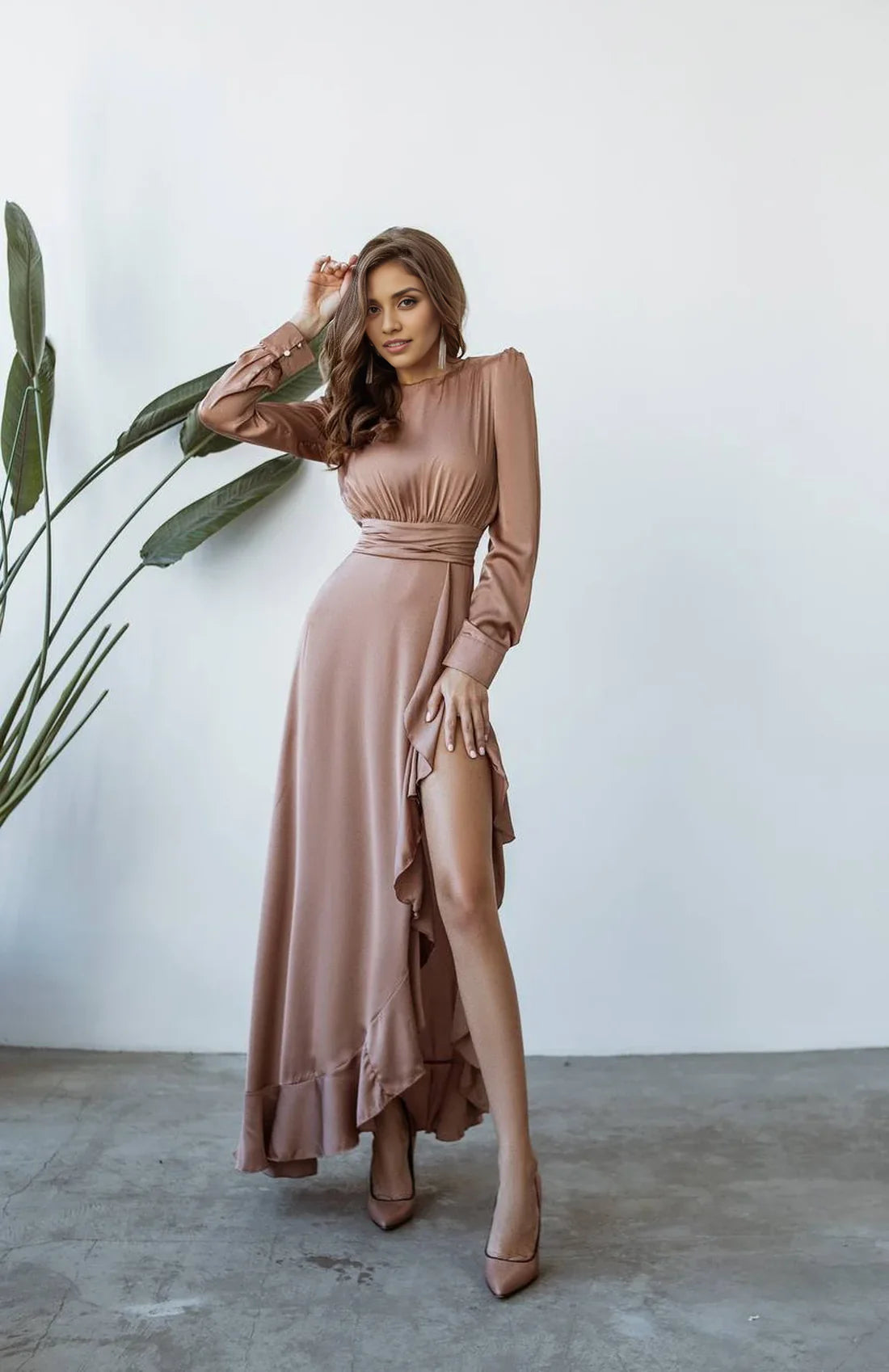 Luolandi Silk Maxi Dresses With High Slit For Women Long Sleeve Satin Wedding Guest Dress Party Dress