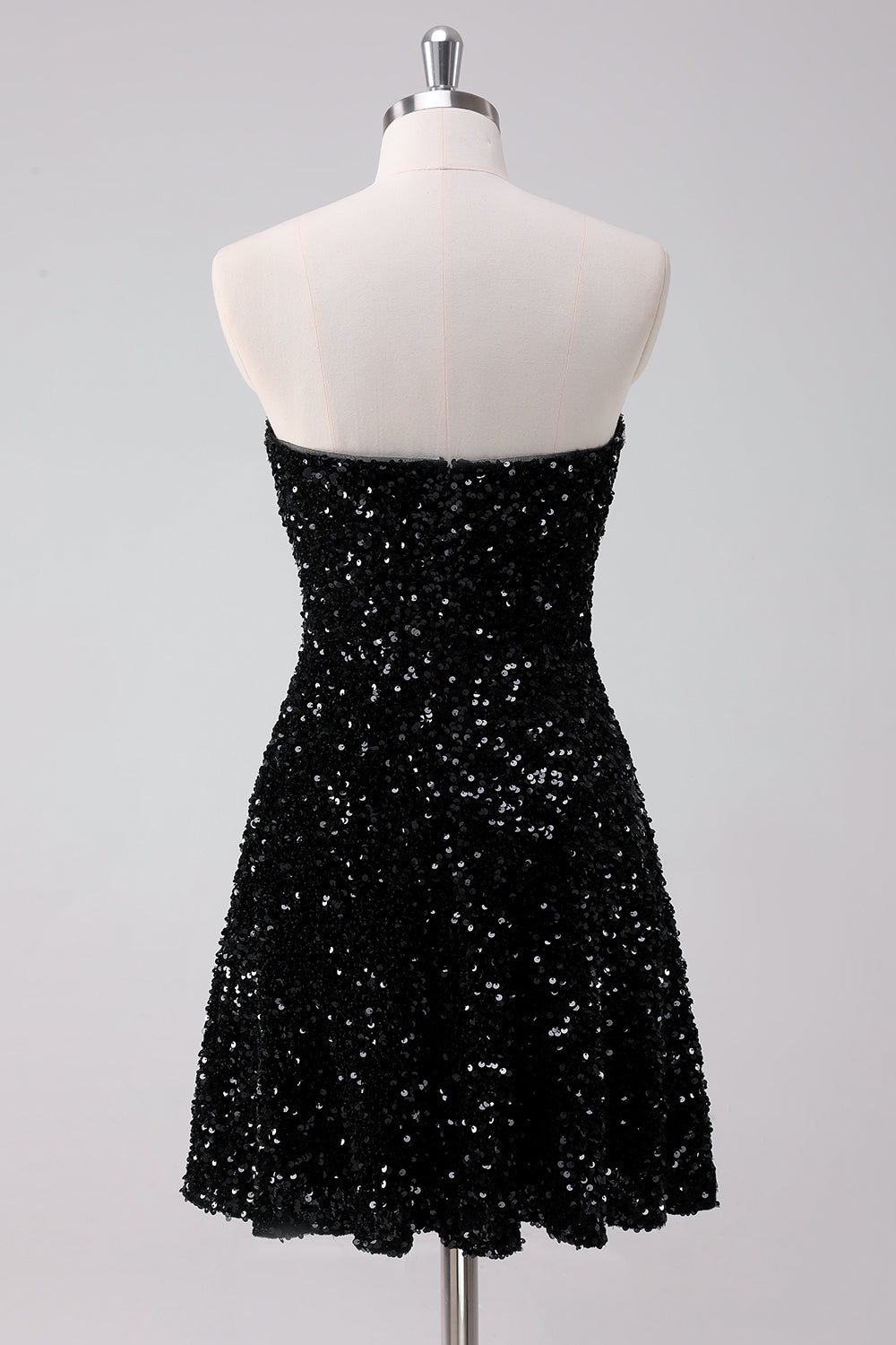 Luolandi Sparkly Black A Line Strapless Short Homecoming Dress with Sequins Off Shoulder Party Dress