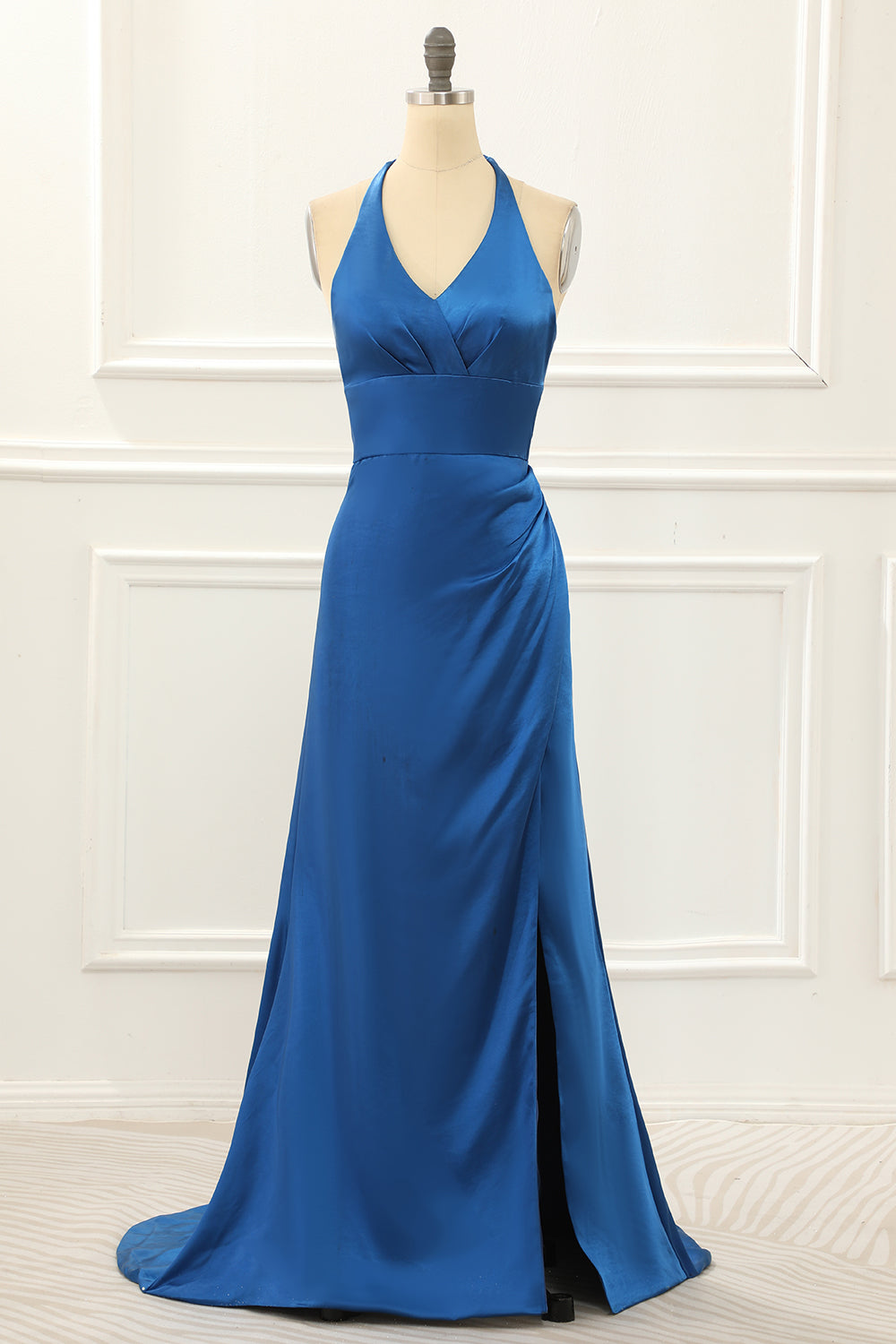 Luolandi Royal Blue Halter Simple Prom Dress With Slit Floor Length Bridesmaid Dress Party Dress