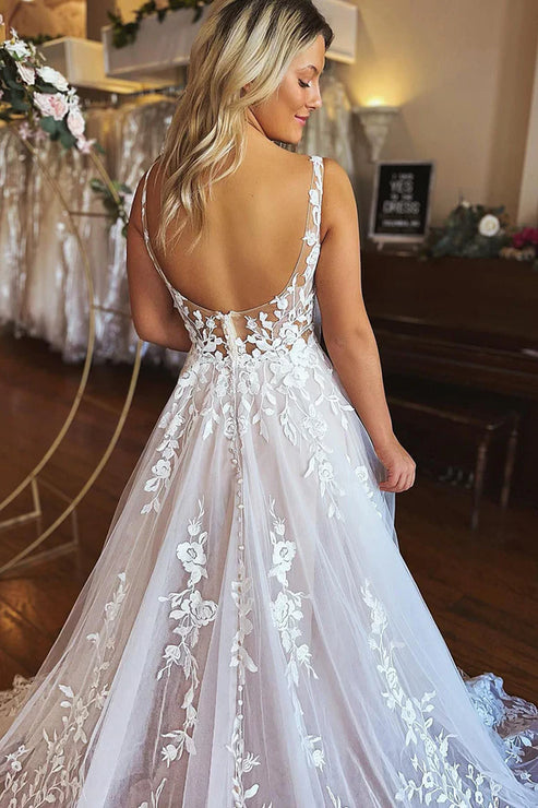 Luolandi Elegant A-Line V-Neck Backless Lace Long Wedding Dress Beautiful Bridal Gown
