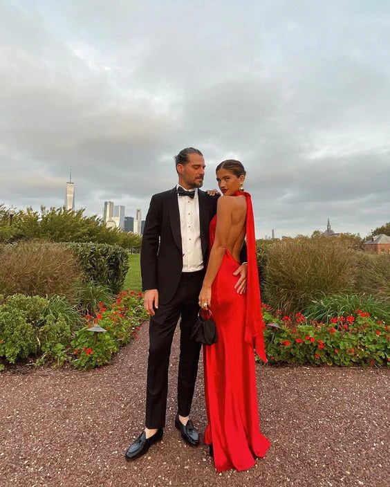 Luolandi Charming Red Halter Backless Long Prom Dress with Slit Party Dress Formal Dress
