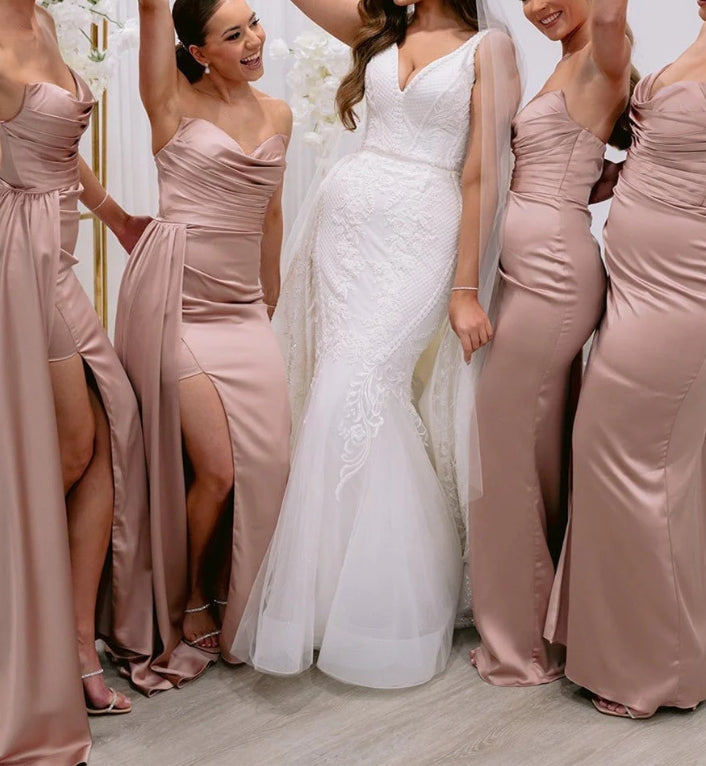 Luolandi Dusty Pink Strapless Cowl Neck Long Bridesmaid Dress with Slit Charming Evening Party Dress