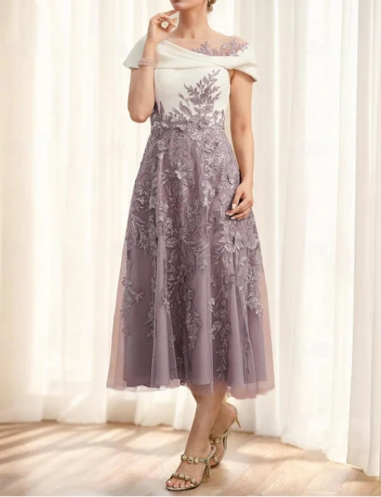 Luolandi A-Line Mother of the Bride Dress Wedding Guest Elegant Vintage Party Cowl Neck Ankle Length Tea Length Lace Fabric Short Sleeve Cap Sleeve with Appliques