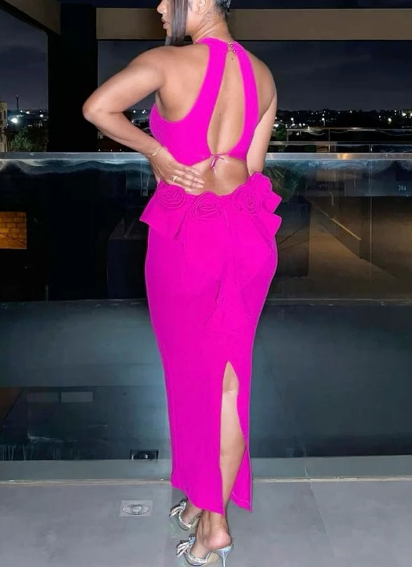 Luolandi Fuchsia Halter Ankle Length Mermaid Evening Party Dress Charming Formal Dress Solid Color