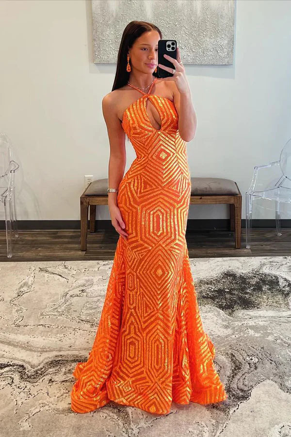 Luolandi Mermaid Halter Keyhole Orange Sequins Long Prom Dresses Sexy Evening Dress