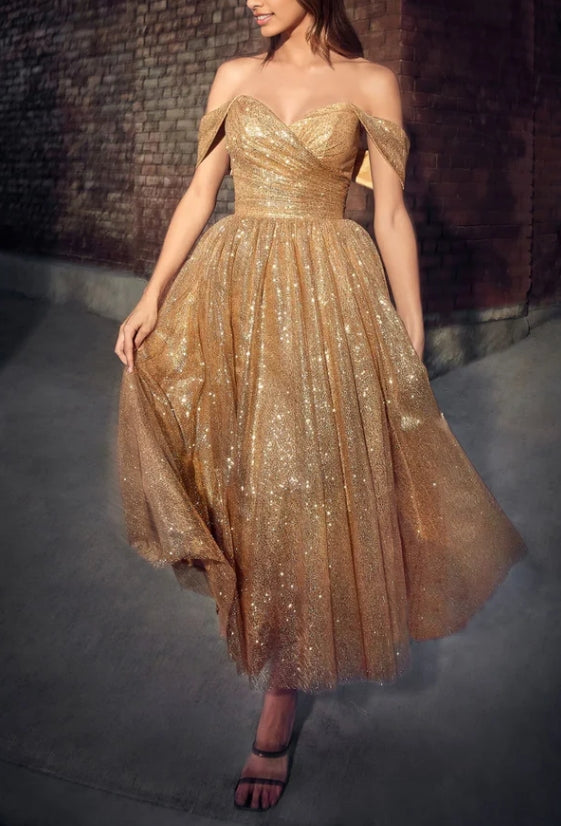 Luolandi A-Line Glitter Tea Length Off Shoulder Formal Party Dress Sparkly Evening Dress