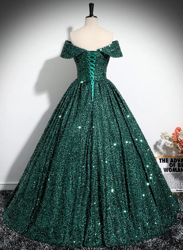 Luolandi A-Line Princess Glitter Dark Green Sequins Off Shoulder Ball Gown Prom Dress Formal Dress Sparkly