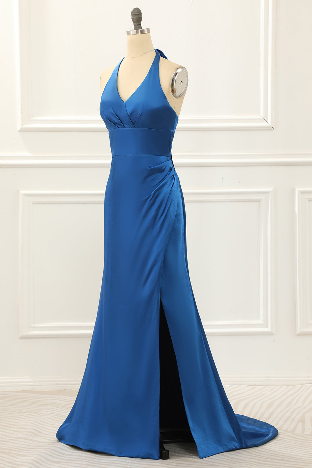 Luolandi Royal Blue Halter Simple Prom Dress With Slit Floor Length Bridesmaid Dress Party Dress