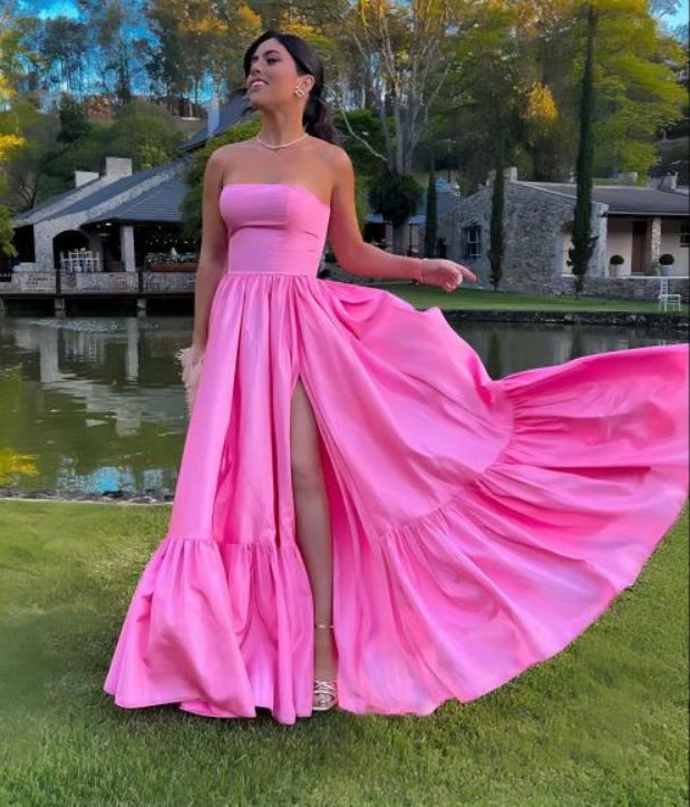 Luolandi Classic Strapless Pink A-Line Off Shoulder Prom Dresses Formal Party Gown With Slit