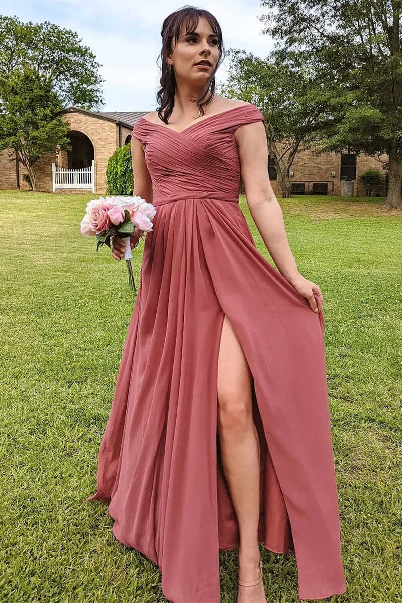 Luolandi Chiffon Off-the-Shoulder Long Bridesmaid Dress with Slit Elegant Evening Party Dress