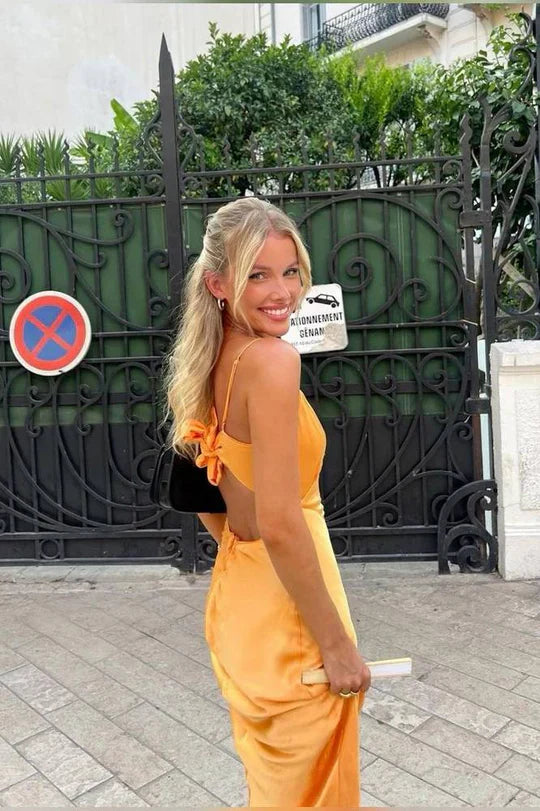 Luolandi Simple Satin Long Prom Dress V-neck Charming Evening Party Dress Formal Dress