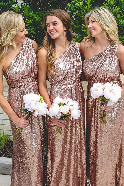 Luolandi One Shoulder Rose Gold Sequins Sheath Long Bridesmaid Dress Sparkly Evening Party Dress