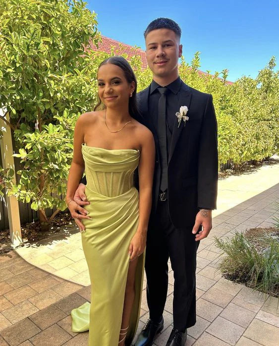 Luolandi Strapless Long Mermaid Slit Corset Prom Dresses Ruched Formal Evening Party Dresses Charming Bridesmaid Dresses