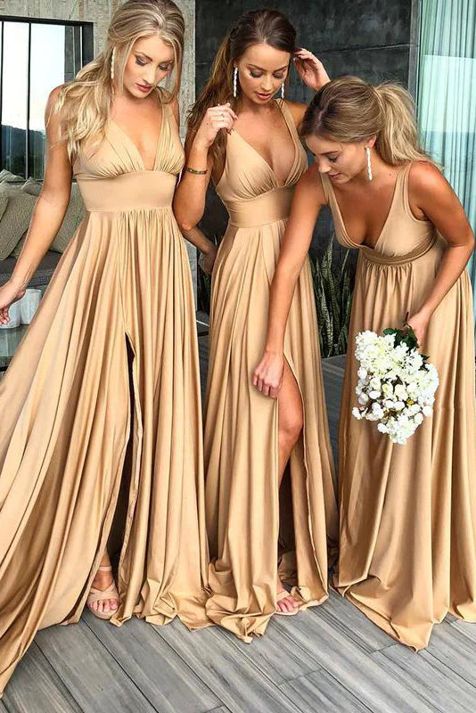 Luolandi Gold V Neck Long Bridesmaid Dress with Slit Charming Evening Party Dress