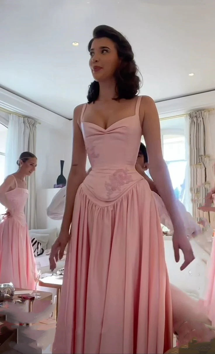 Luolandi Retro Elegant A-line Spaghetti Strap Satin Long Evening Dress Birthday Party Dress Charming Bridesmaid Dress