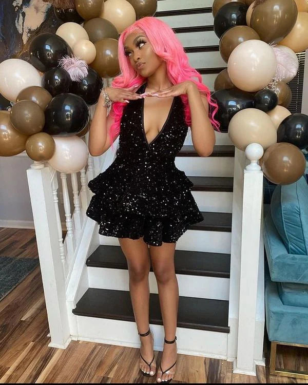 Luolandi Sexy Black Sparking V-neck Back Open Tiered Sequin Graduation Gown Short Party Homecoming Dress