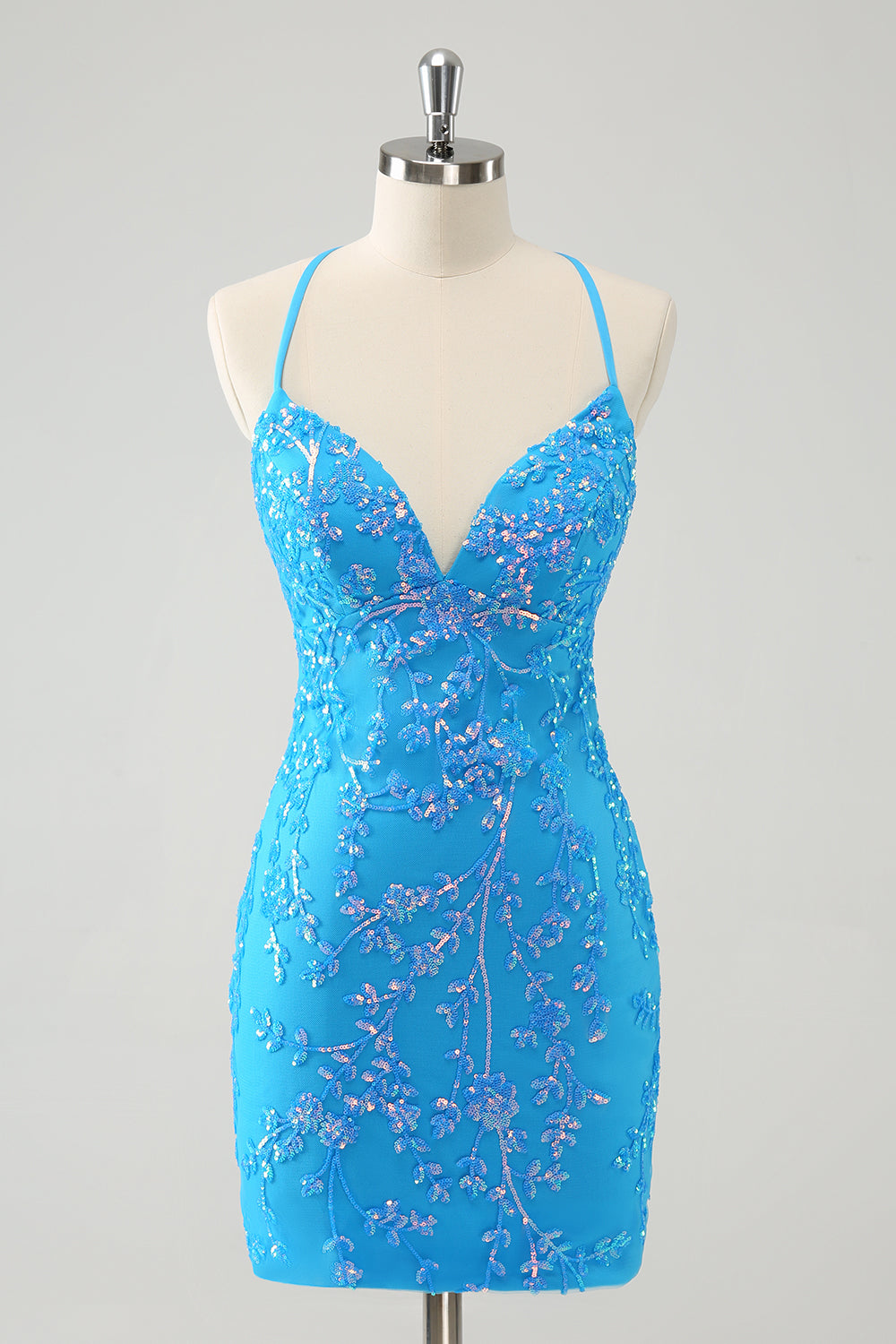 Luolandi Sequined Sky Blue Tight Short Homecoming Dress V-neck Sparkly Party Dress