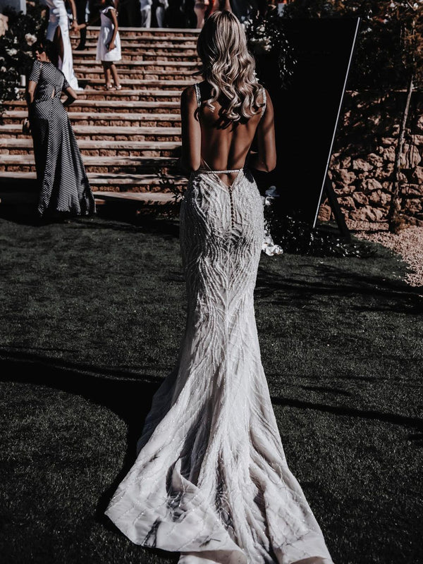 Luolandi Gorgeous Beaded Lace Spaghetti Straps Mermaid Chapel Train Wedding Dresses Elegant