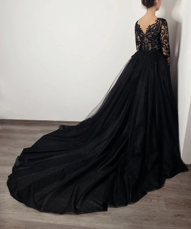 Luolandi Black and Beige A line lace dress with a detachable tulle skirt Elegant Evening Dress