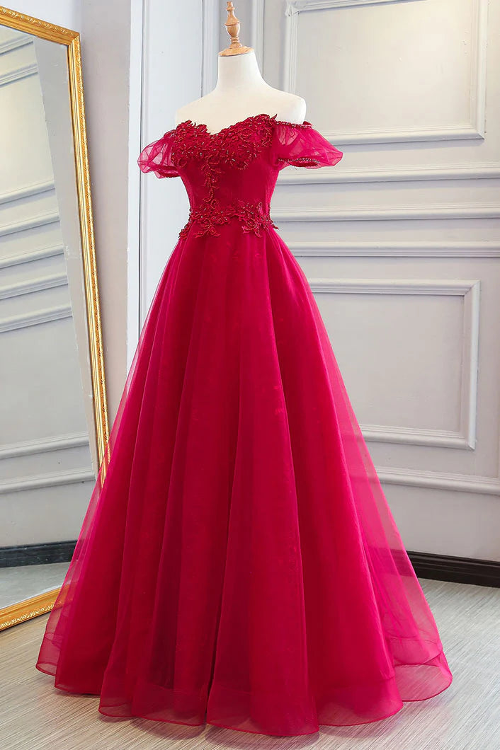 Luolandi Red tulle long prom dress lace evening dress A Line Off Shoulder Formal Dress december wedding guest dress