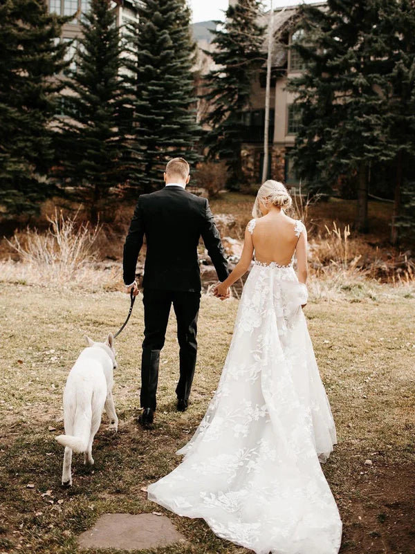 Luolandi Fabulous Tulle Appliqued Backless A-line Wedding Dresses With Sweep Train Sexy