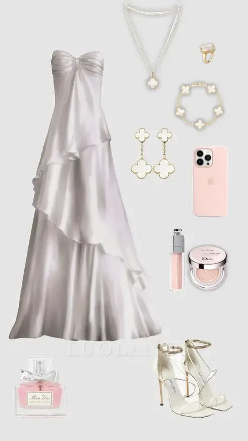 Luolandi A-Line Satin Strapless Long Prom Dress Birthday Outfits Elegant Evening Party Dress