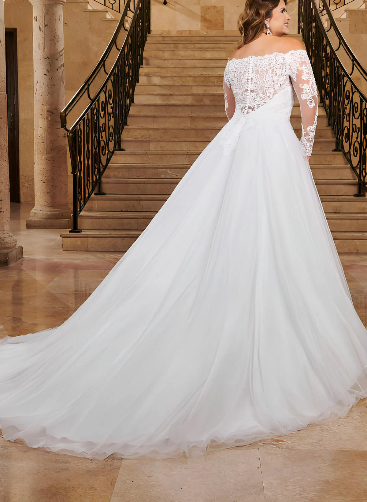 Luolandi Off-The-Shoulder Lace Wedding Dresses With Tulle And Long Sleeves Floor Length Elegant