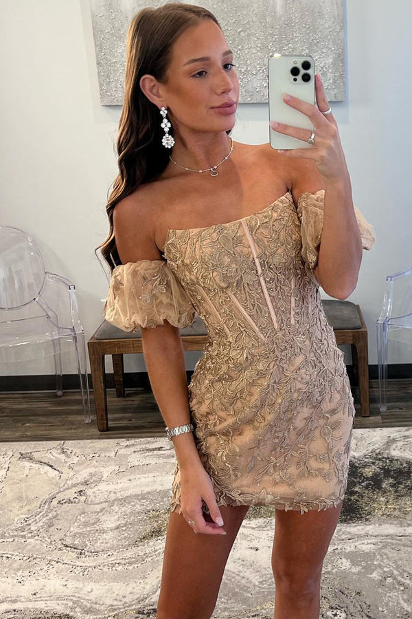 Luolandi Sheath Lace Strapless Homecoming Dress with Appliques Off Shoulder Beautiful Short Graduation Dress