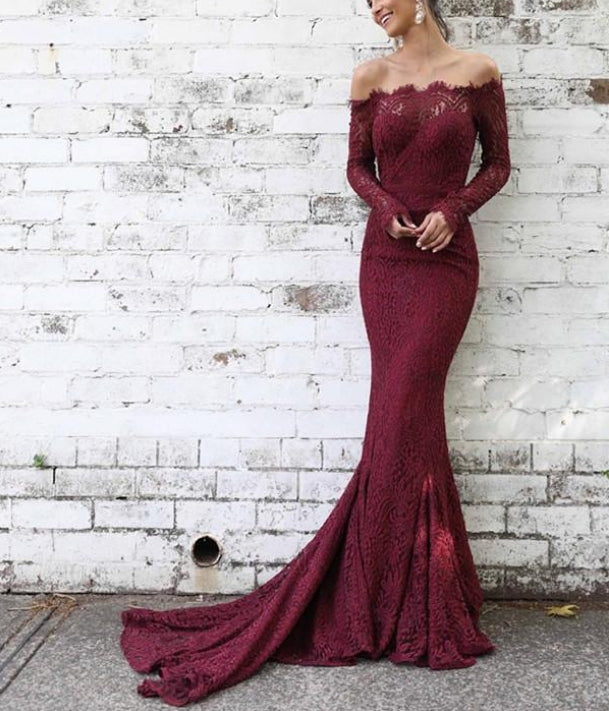 Luolandi Exquisite Lace Off-the-shoulder Neckline Long Sleeves Mermaid Prom Dresses Evening Dresses