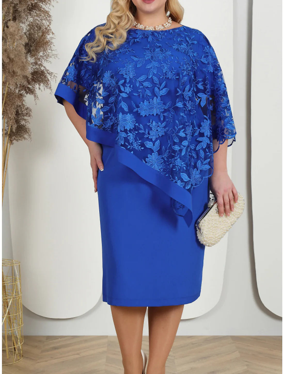 Luolandi Women's Plus Size Curve Party Dress Lace Dress Cocktail Dress Midi Dress Pink Blue Half Sleeve Floral Lace Summer Spring Fall Crew Neck Wedding Guest Mother of the Bride Dress