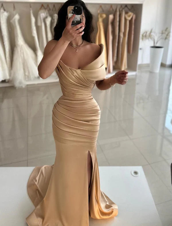 Luolandi Mermaid / Trumpet Prom Dresses Elegant Dress Formal Prom Floor Length Sleeveless Off Shoulder Satin with Ruched Slit Evening Dress