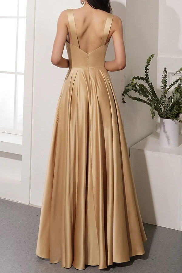 Luolandi Off shoulder satin backless and floor length front slit prom dress Sexy Evening Dress