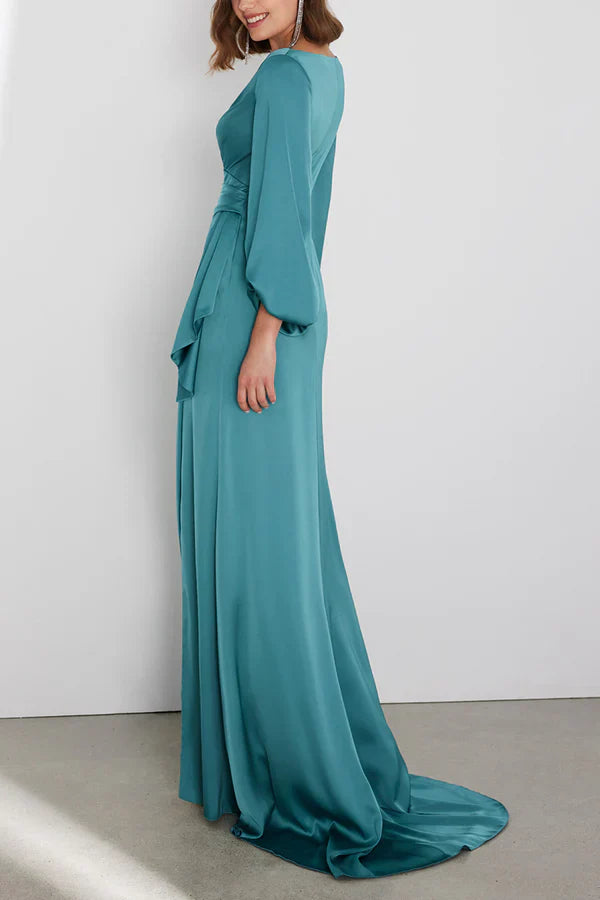 Luolandi Leisure speaker V-neck long sleeved side slit mother of the bride dress Floor Length