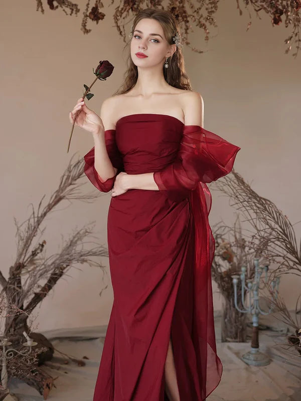 Luolandi Simple Off Shoulder Satin Burgundy Long Floor-length Prom Dress Evening Dress With Slit