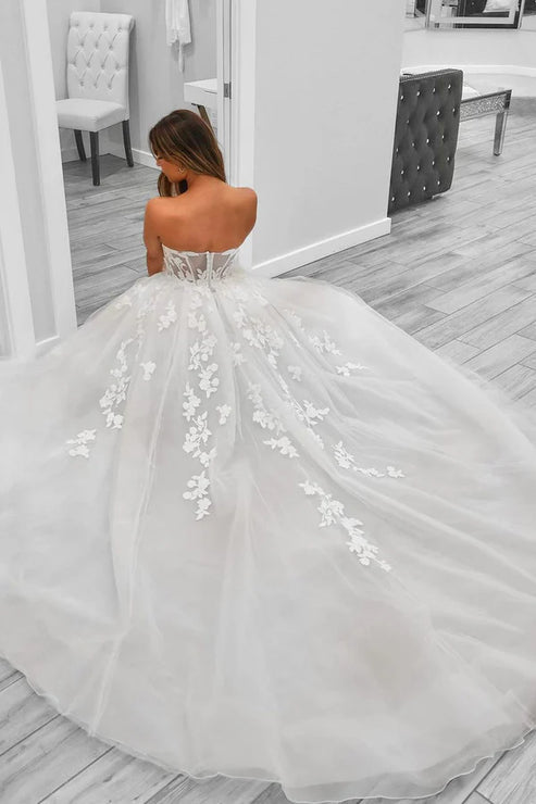 Luolandi A-Line Sweetheart Tulle Wedding Dresses With Slit Off Shoulder Floor Length Beautiful